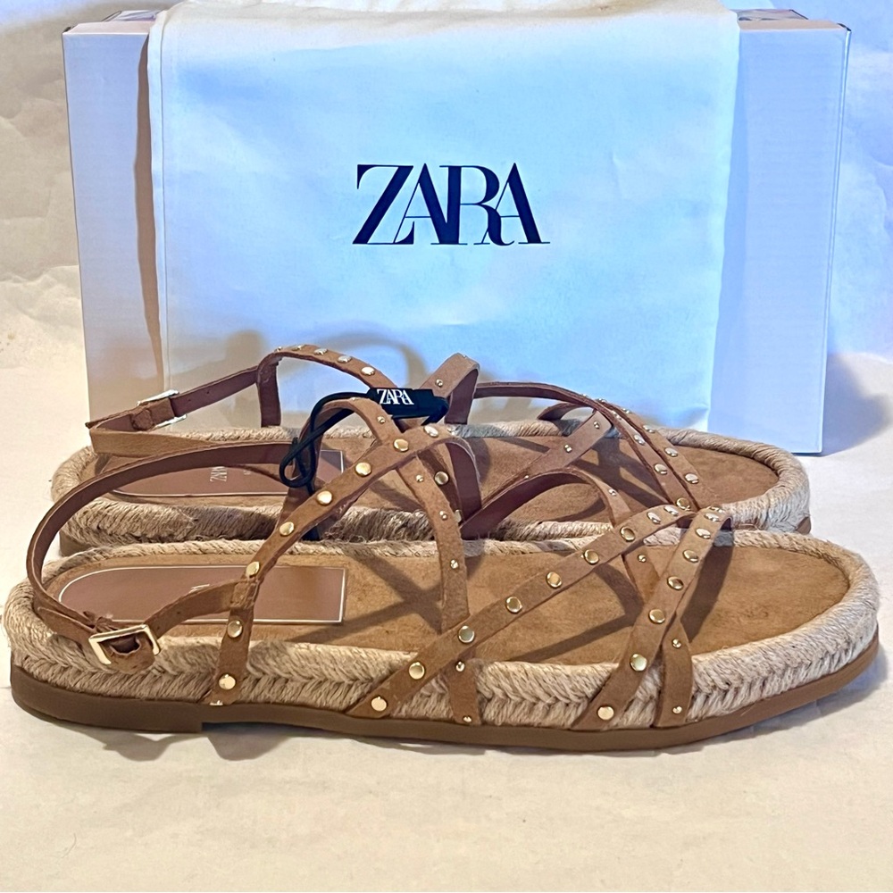 Zara Studded Strappy Suede Espadrille Sandals Size 40 Tan/Beige/Gold